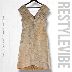 ADRIANNA PAPELL Women Size 10 Dress Sheath Column Style Gold Shimmer V-Neckline